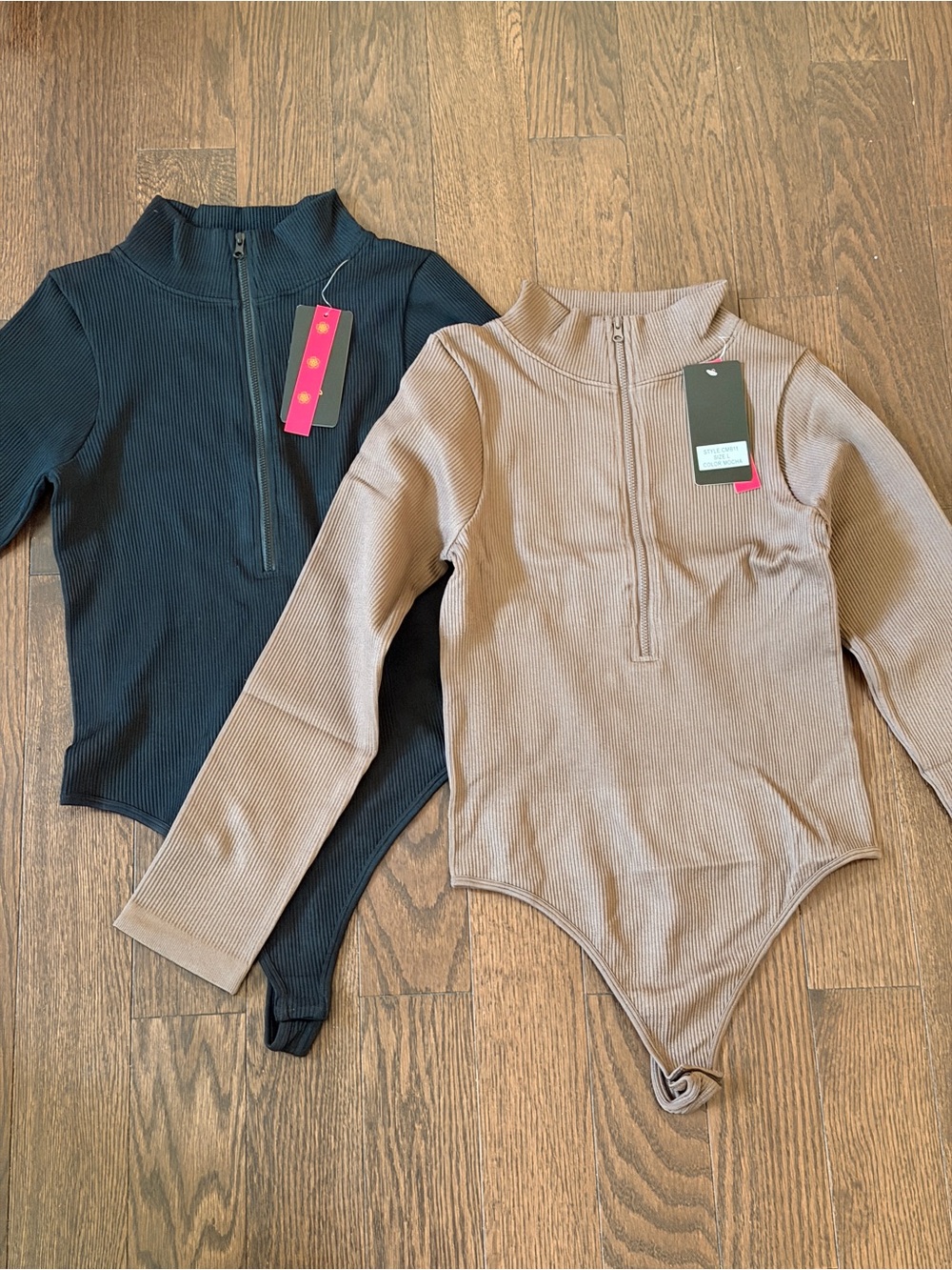 Ribbed Half-Zip Long Sleeve Bodysuit - Black and Taupe